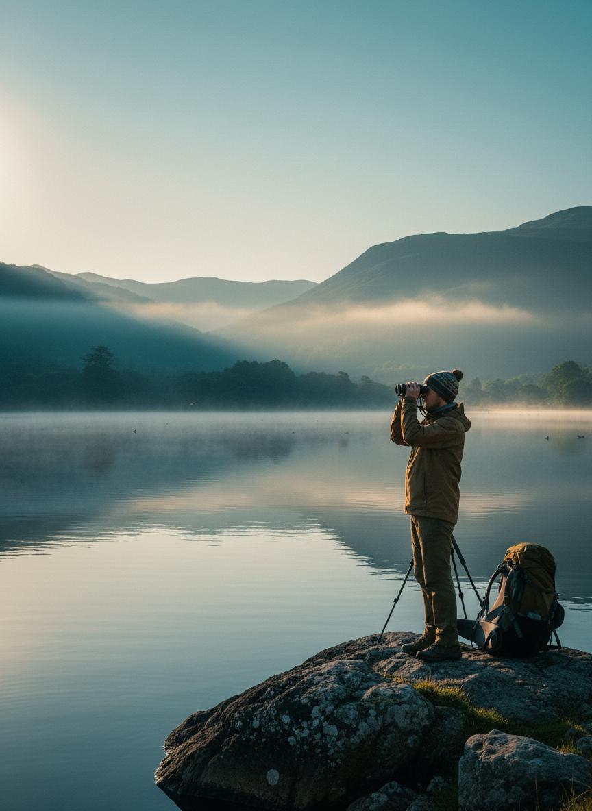 Birdwatcher at lake